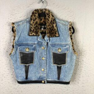 Vintage St. Maarten Vest Womens Small Denim Leopard Faux Fur Lined Biker Studded